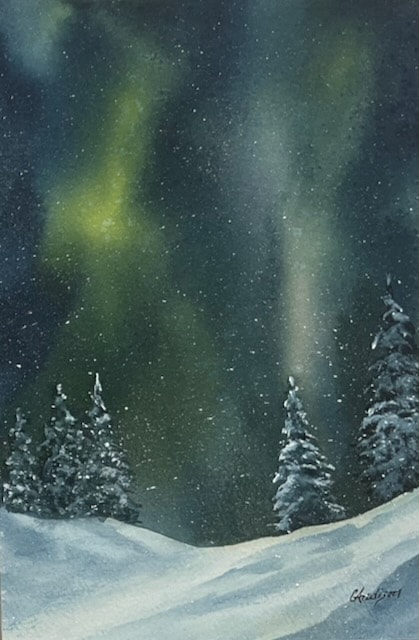 Repeat Performance — original watercolour Northern Lights painting by Canadian artist Gloria Andison