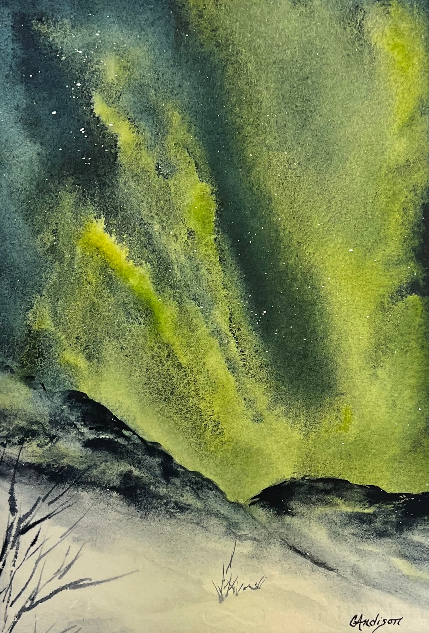 Northern Lights Crescendo — original watercolour painting by Canadian artist Gloria Andison