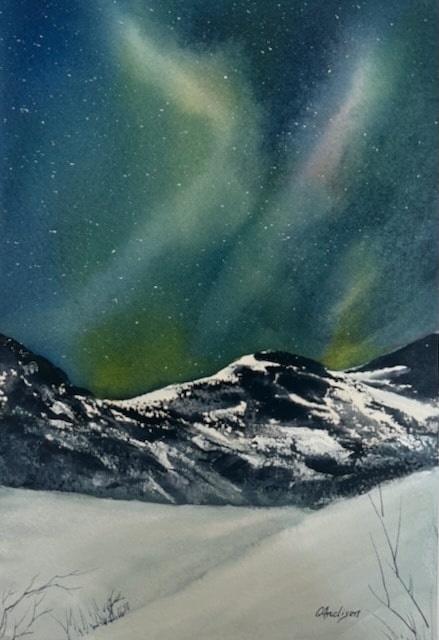 Mountain Magic — original watercolour painting of Northern Lights over mountains by Gloria Andison