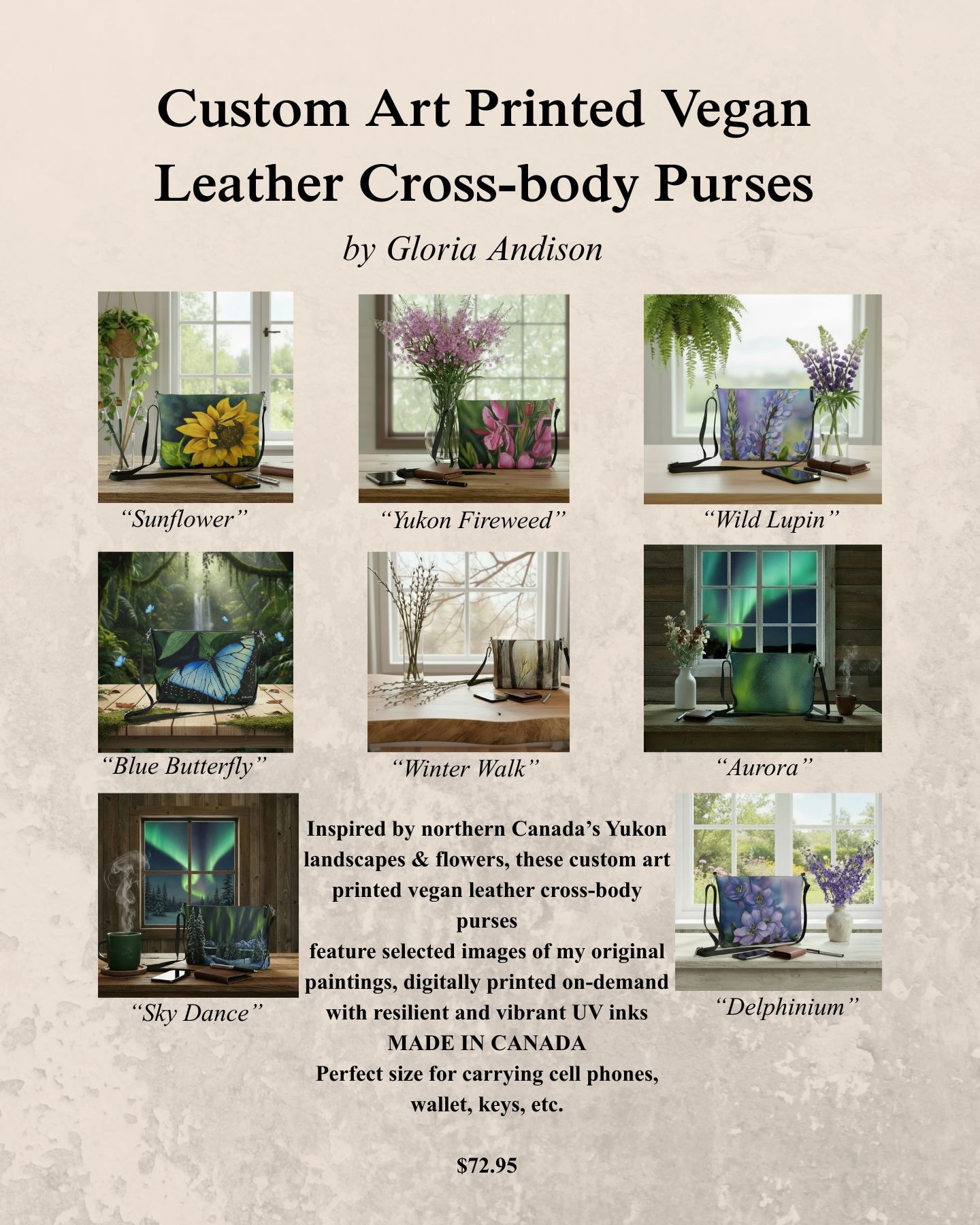 Custom art printed vegan leather crossbody purse
